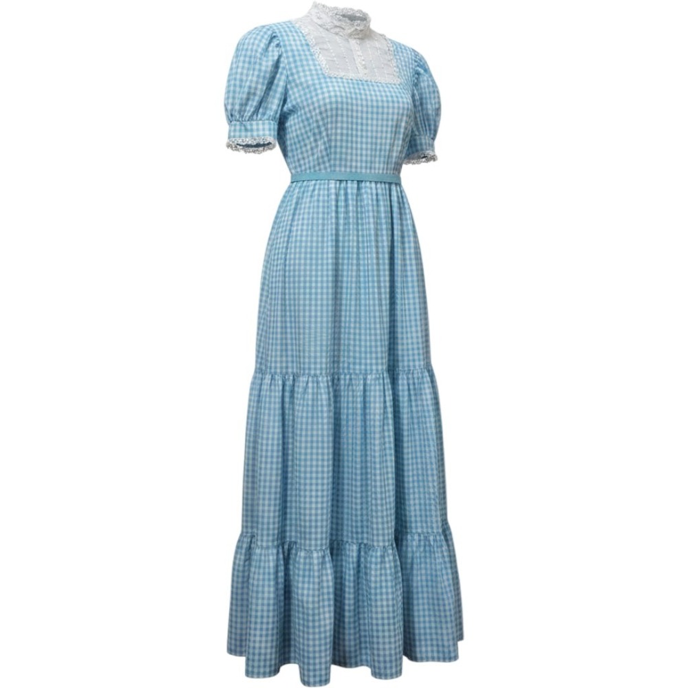 Vintage Handmade Blue Gingham Tiered Maxi Dress Lace Trim Cottagecore S